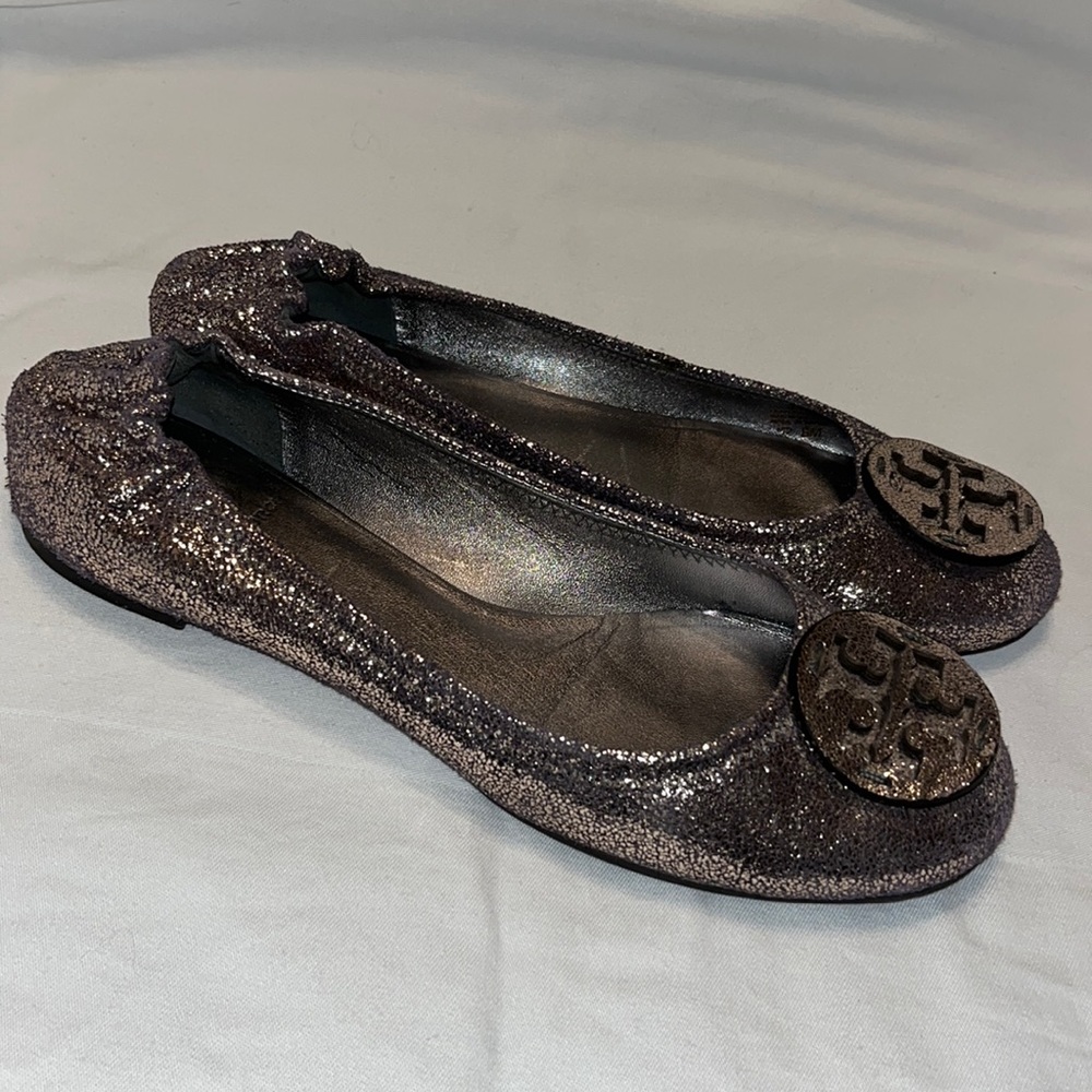 Tory Burch Gold/Silver Glitter Minnie Travel Ballet Flats size 8